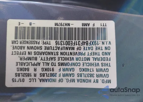 2015 Honda Civic Hybrid z USA, uszkodzony, nr VIN 19XFB4F31FE001316